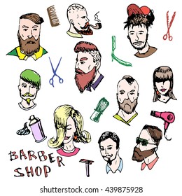 Barber shop. Vector. Drawn by hand. Items for hairdressers.