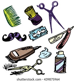 Barber shop. Vector. Drawn by hand. Items for hairdressers.