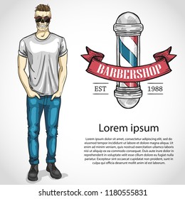 Barber shop vector flyer with pole, ribbon