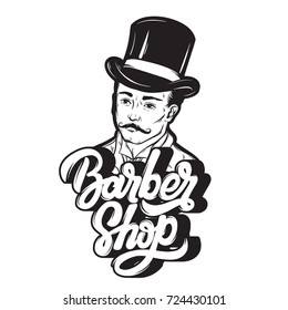 Barbería. Cartel grabado a mano por vectores con retrato de caballero dibujado a mano. Plantilla para tarjeta, afiche, banner, imprimir para pantalones t, diseño de logotipo, etiqueta.