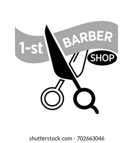 Barber shop vector icon template of scissors cutting ribbon