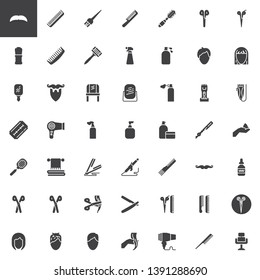 Barber shop vector icons set, modern solid symbol collection, filled style pictogram pack. Signs logo illustration. Set includes icons as mustache and beard, hair comb, shaving brush razor, hairstyle 