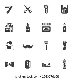 Barber shop vector icons set, modern solid symbol collection filled style pictogram pack. Signs logo illustration. Set includes icons as razor, scissors, moustache balsam, shaving machine, hairdresser