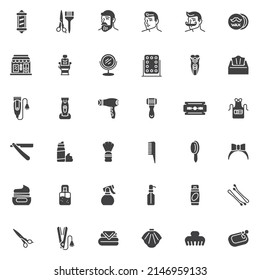 Barber shop vector icons set, modern solid symbol collection, filled style pictogram pack. Signs, logo illustration. Set includes icons as barber pole, hipster man beard, stylish hairstyle, scissors