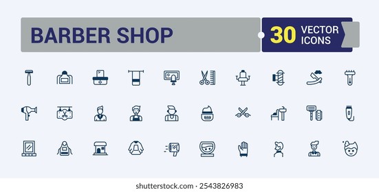 Barber shop vector line icon set. Related to service, dresser, foam, 1man, isolated, white, barber and more. Perfect for logos and infographics. Vector outline icons collection.