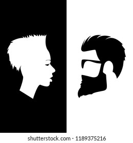 Barber shop vector logo illustration. Man with beard and woman with modern hair style . BW stencil. Silhouette. 