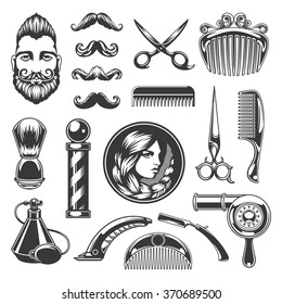 Barber Shop Vector Silhouettes and Icons Set. For Logos, Labels, Badges and Advertising. Beauty Salon Silhouette, Barber Pole Silhouette, Scissors Silhouette, Razor Silhouette, Woman Face, Man Face.