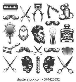 Barber Shop Vector Silhouettes and Icons Set. For Logos, Labels, Badges and Advertising. Beauty Salon Silhouette, Barber Pole Silhouette, Scissors Silhouette, Razor Silhouette, Woman Face, Man Face.
