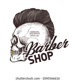 Barber shop vector sketch emblem. Engraving vintage label or badges with human skull with fashionable haircut and typography