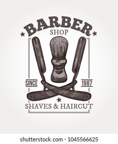 Barber shop vector sketch emblem. Engraving vintage label or badges with razors and brush for shaving and typography