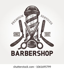 Barber shop vector sketch emblem. Engraving vintage label or badges with razors, scissors, barbershop signboard and typography