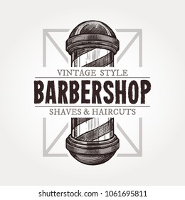 Barber shop vector sketch emblem. Engraving vintage label or badges with classic vintage barbershop signboard and typography