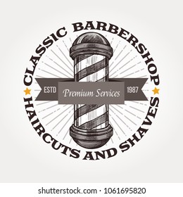 Barber shop vector sketch emblem. Round engraving vintage label or badges with barbershop signboard and typography