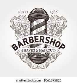 Barber shop vector sketch emblem. Engraving vintage label or badges with barbershop signboard, baroque decoration and typography