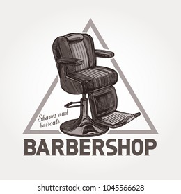 Barber shop vector triangular sketch emblem. Engraving vintage label or badges with classic barbershop armchair and typography