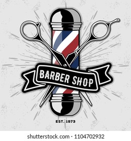 Barber shop vector vintage label, badge, or emblem on gray background. Vector template 