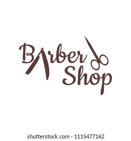 Barber shop vector vintage label, badge, or emblem on gray background