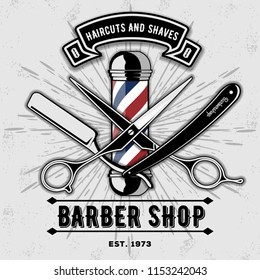 Barber shop vector vintage label, badge, or emblem on gray background. Vector template 