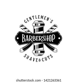 Barber shop vector vintage label, badge, or emblem on white background. Vector template