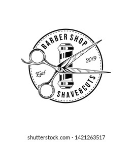 Barber shop vector vintage label, badge, or emblem on white background. Vector template