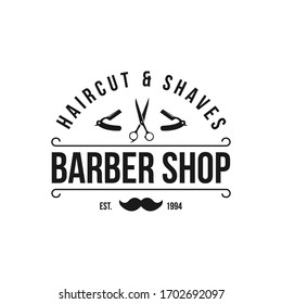 Barber shop vector vintage label, badge, or emblem on white background