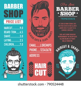 Barber shop vertical banners with list of services and bearded men emblem vector illustration