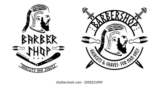 Barber shop viking style, isolated vector vintage illustration. Bearded viking man monochrome silhouette. Emblem, logo, label for a salon of fashionable haircuts and shaving.