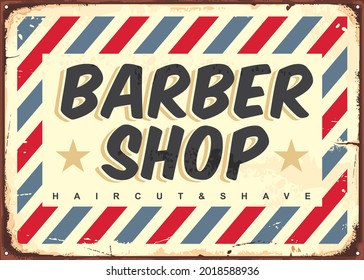 Barber Shop Vintage Antique Sign Board. Retro Inscription For Haircut And Shaving. Vector Barber Poster Idea On Old Metal Background Texture.
