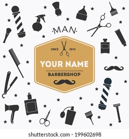 Barber shop vintage background with barber shop label and tools