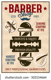 Barber shop vintage colored poster with pole and razor blade vector illustration