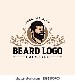 Barber shop vintage design logo template. Hairstyle Man with Mustache and Beard.