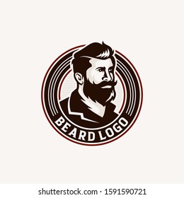 Barber shop vintage design logo template. Hairstyle Man with Mustache and Beard.
