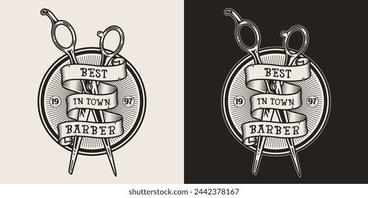Barber shop vintage flyer monochrome with scissors for advertising and website design of best in town hairdressing salon vector illustration