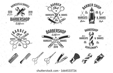 Barber shop vintage hipster logo templates. 6 Logos and 8 design elements for barber shop, haircut's salon. Barbershop, Barber, Haircut's salon emblems templates. Vector illustration
