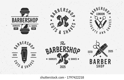 Barber shop vintage hipster logo templates. 6 retro logo templates for barber shop, haircut's salon. Barbershop, Barber, Haircut's salon emblems templates. Vector illustration