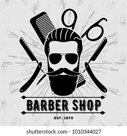 Barber shop vintage label, badge, or emblem on gray background. Vector illustration
