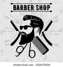 Barber shop vintage label, badge, or emblem on gray background. Vector illustration