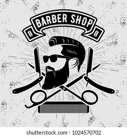 Barber shop vintage label, badge, or emblem on gray background. Vector illustration