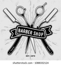 Barber shop vintage label, badge, or emblem on gray background. Vector illustration