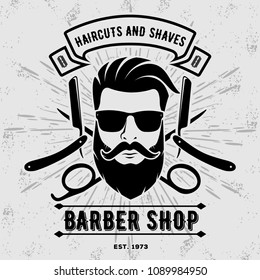 Barber shop vintage label, badge, or emblem on gray background. Vector illustration