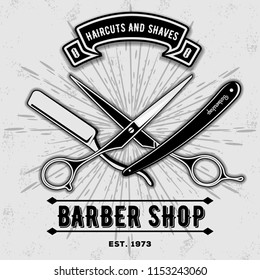 Barber shop vintage label, badge, or emblem with scissors and razors on gray background. Haircuts and shaves. Vector illustration