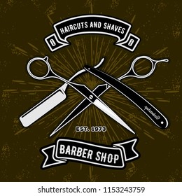Barber shop vintage label, badge, or emblem with scissors and razors on dark background. Haircuts and shaves. Vector illustration