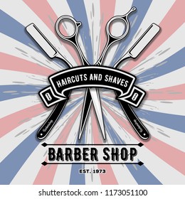 Barber shop vintage label, badge, or emblem with scissors and razors. Vector illustration