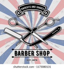 Barber shop vintage label, badge, or emblem with scissors and razors. Vector illustration