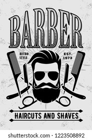 Barber shop vintage label, badge, or emblem on gray background. Vector illustration
