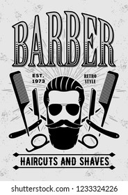 Barber shop vintage label, badge, or emblem on gray background. Vector ill