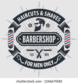 Barber shop vintage label, badge, or emblem on gray background. Vector illustration