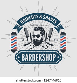 Barber shop vintage label, badge, or emblem on gray background. Vector illustration