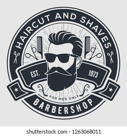 Barber shop vintage label, badge, or emblem on gray background. Vector illustration