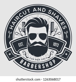Barber shop vintage label, badge, or emblem on gray background. Vector illustration